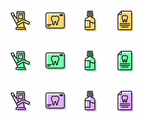 Set line Mouthwash, Medical dental chair, X-ray of tooth and Clipboard with card icon. Vector