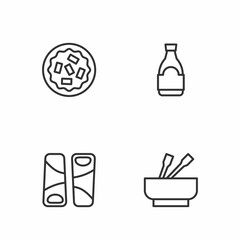 Set line Asian noodles in bowl, Guotie, Homemade pie and Soy sauce bottle icon. Vector