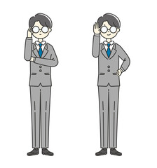 メガネをクイッとするスーツ男性【グレー】【全身】