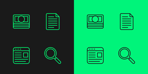 Set line Magnifying glass, Advertising, Stacks paper money cash and File document icon. Vector