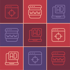 Set line Target financial goal, Advertising and Browser window icon. Vector