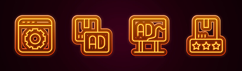 Set line Browser setting, Advertising, and Consumer product rating. Glowing neon icon. Vector