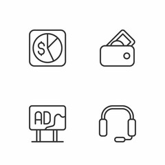 Set line Headphones, Advertising, Market analysis and Wallet with money icon. Vector