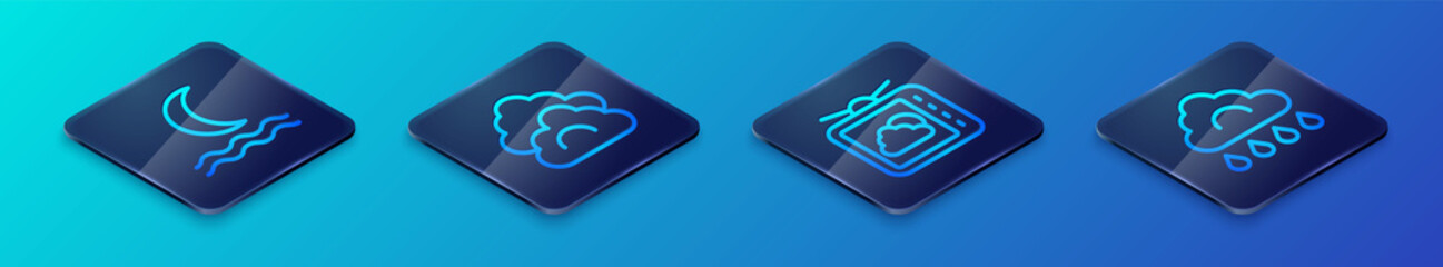 Set Isometric line Weather forecast, Night fog smoke, Cloud with rain and icon. Vector