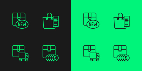 Set line Item price tag with dollar, Delivery cargo truck, New collection and Shopping list icon. Vector
