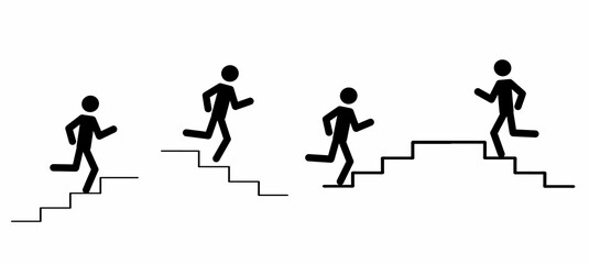 stick man, pictogram of the figure of a man running up, down the stairs, the direction of the emergency exit, two people running up the ladder of success, business development concept
