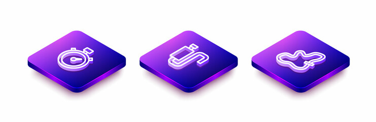 Set Isometric line Stopwatch, Car muffler and Racing track icon. Vector