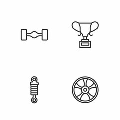 Set line Alloy wheel for car, Shock absorber, Chassis and Award cup icon. Vector
