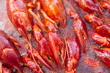 Red lobsters in the ice. Frozen foods. Luxury fresh seafood.  Fresh frozen seafood.