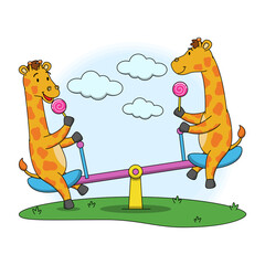 Cartoon illustration of giraffe playing with a seesaw