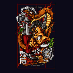oni mask with helmet and snake vector illustration