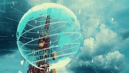 Fototapeta Telecommunication tower with 3D graphic of global business alteration and e-commerce against blue sky in concept of worldwide internet network connections . obraz
