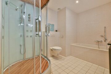 Interior of contemporary bathroom with shower, bathtub, toilet and sink in minimal style in flat