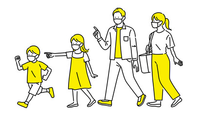 マスクをして家族で外出するイラスト：新型コロナ感染対策

