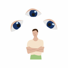 Big eyes follow the sad young man. Vector illustration in flat style. Depression, vulnerability, schizophrenia, mental illness.