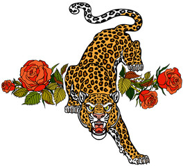 The roaring leopard climbs down and looks straight ahead. Aggressive spotted panther and blooming red roses. Front view. Tattoo style vector illustration - obrazy, fototapety, plakaty