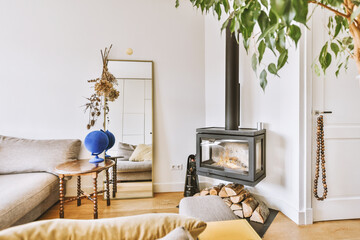 A fireplace in the corner of a bright room next to a mirror on which dried flowers are hung, a...
