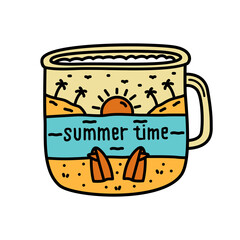 design of summer time , surfboard on the beach in cup frame for badge, sticker, patch, t shirt design, etc