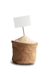 Jasmine rice in sack with information label on white background with clipping path.