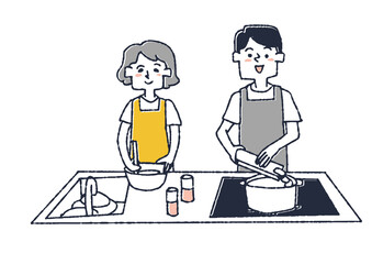 楽しそうに作業する夫婦　快適なキッチンで料理をする人々