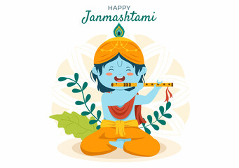Happy Krishna Janmashtami festival of India with Bansuri and Flute, Dahi Handi and Peacock Feather in Flat Cute Cartoon Background Illustration