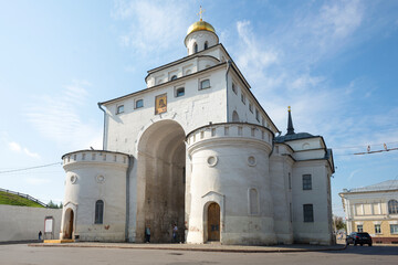 Medieval Golden Gate of Vladimir close-up on a sunny August day. Golden ring of Russia