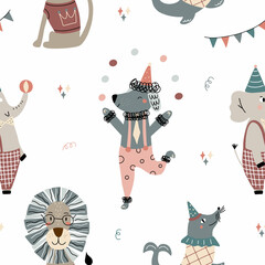 Seamless pattern with cute circus animals. Vector illustration isolated on white background for textile and nursery decoration.