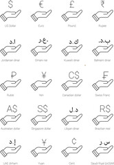 Currency symbols outline icons holding in Hand, Set of currency symbols, Hand with  currency  vector outline sign.