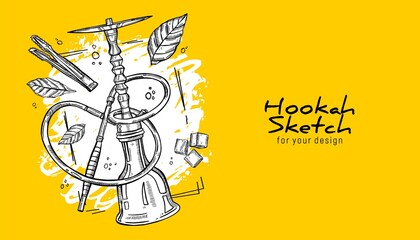 Hand-drawn hookah set. Tobacco leaves, hookah, coal tongs, coal. Sketches for decoration of premises, menus, advertising, for prints on clothes and for design of leaflets
