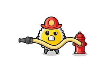 saw blade cartoon as firefighter mascot with water hose