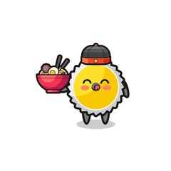 saw blade as Chinese chef mascot holding a noodle bowl