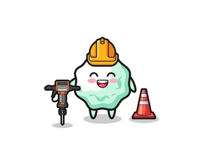 road worker mascot of chewing gum holding drill machine