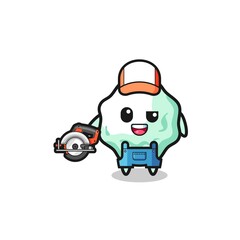 the woodworker chewing gum mascot holding a circular saw