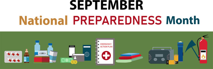 National Preparedness month (NPM), Vector illustration with emergency plan icons. copy space