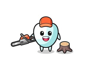 tooth lumberjack character holding a chainsaw