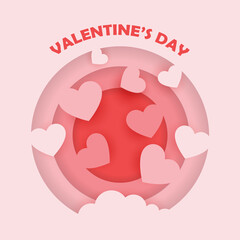 Happy Valentine's day poster or voucher. Beautiful paper cut white clouds with white heart frame on pink background. Vector illustration. Papercut style. Place for text