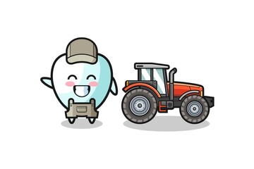 the tooth farmer mascot standing beside a tractor