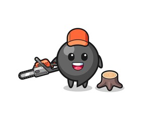 comma symbol lumberjack character holding a chainsaw