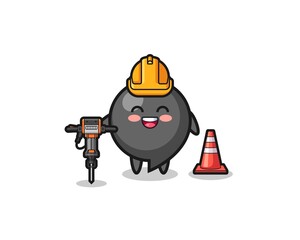 road worker mascot of comma symbol holding drill machine