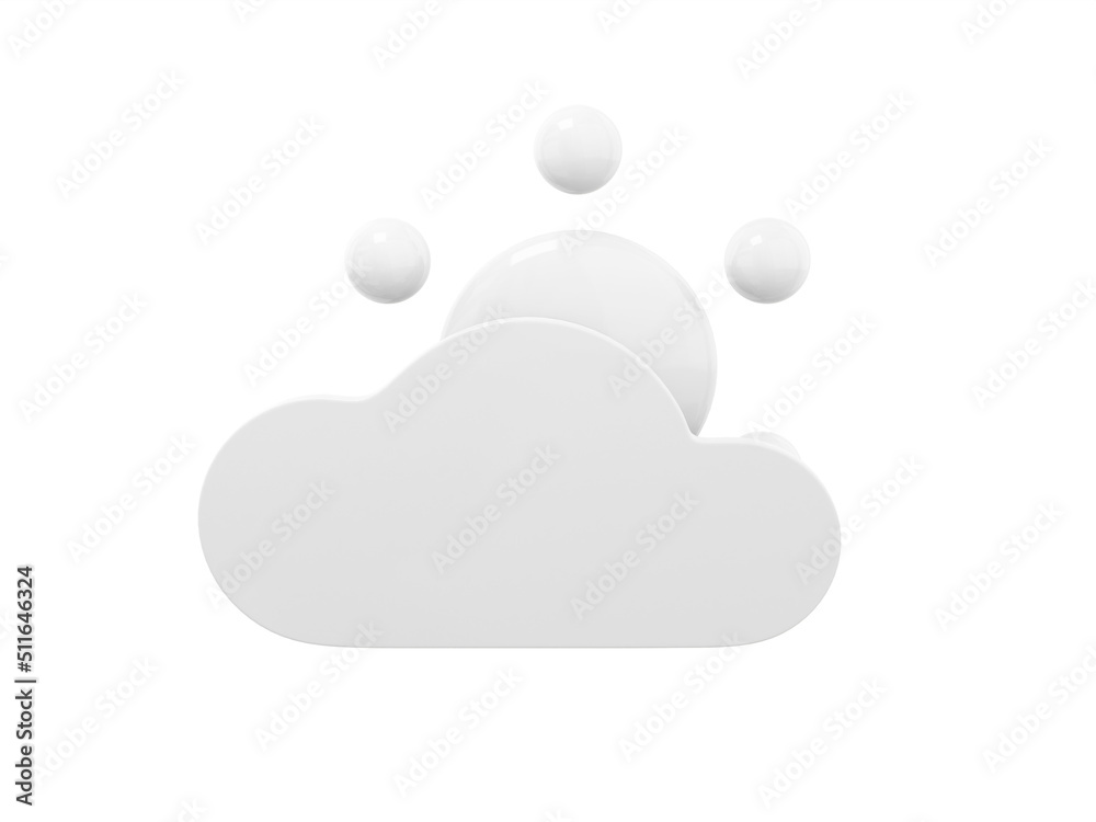 Poster white mono color cartoon sun behind cloud front view on white solid background. minimalistic design 