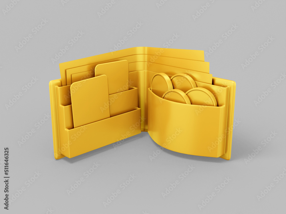 Poster gold mono color wallet on gray solid background. minimalistic design object. 3d rendering icon ui ux