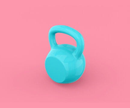 Blue kettlebell on a pink background. Minimalistic design object. 3d rendering.