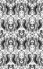 Vector monochrome seamless pattern with silhouetted Victorian ornament. Vintage damask in black and white. Luxury floral texture with foliage a