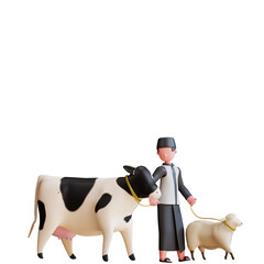 3d character muslim male pulling cow and sheep to celebrate eid al adha mubarak