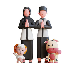 3d character muslim couple celebrating eid al adha with goat and cow mascot