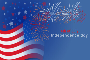 USA independece day banner background, with USA flag in flat design, fireworks and star pattern