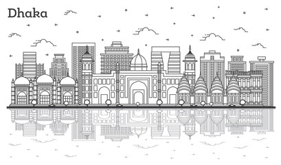 Outline Dhaka Bangladesh City Skyline with Historic Buildings and Reflections Isolated on White.