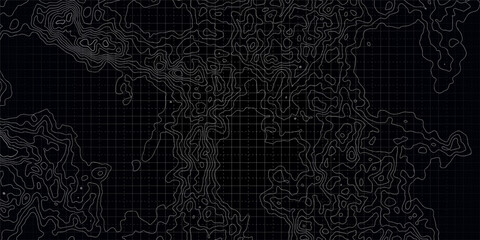 Dark Grey Topography Contour Map With Relief Elevation. Topographic line contour map background.  Concept map of a conditional geography scheme and the terrain. Geographic abstract grid.