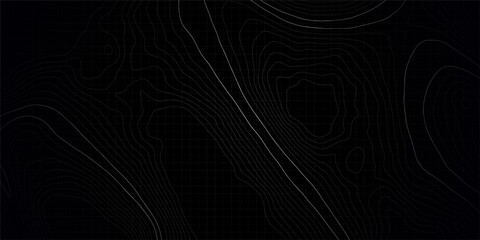 Dark Grey Topography Contour Map With Relief Elevation. Topographic line contour map background.  Concept map of a conditional geography scheme and the terrain. Geographic abstract grid.