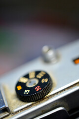 Closeup of old retro film camera ,details of speed dial